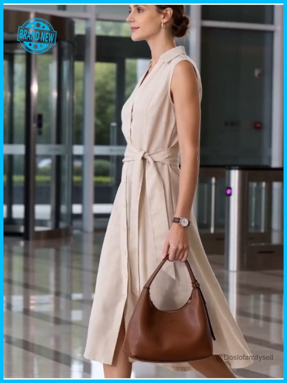 Linen Cotton Collared Shirt Dress V-Neck Sleeveless Button Down Midi - Picture 6 of 6